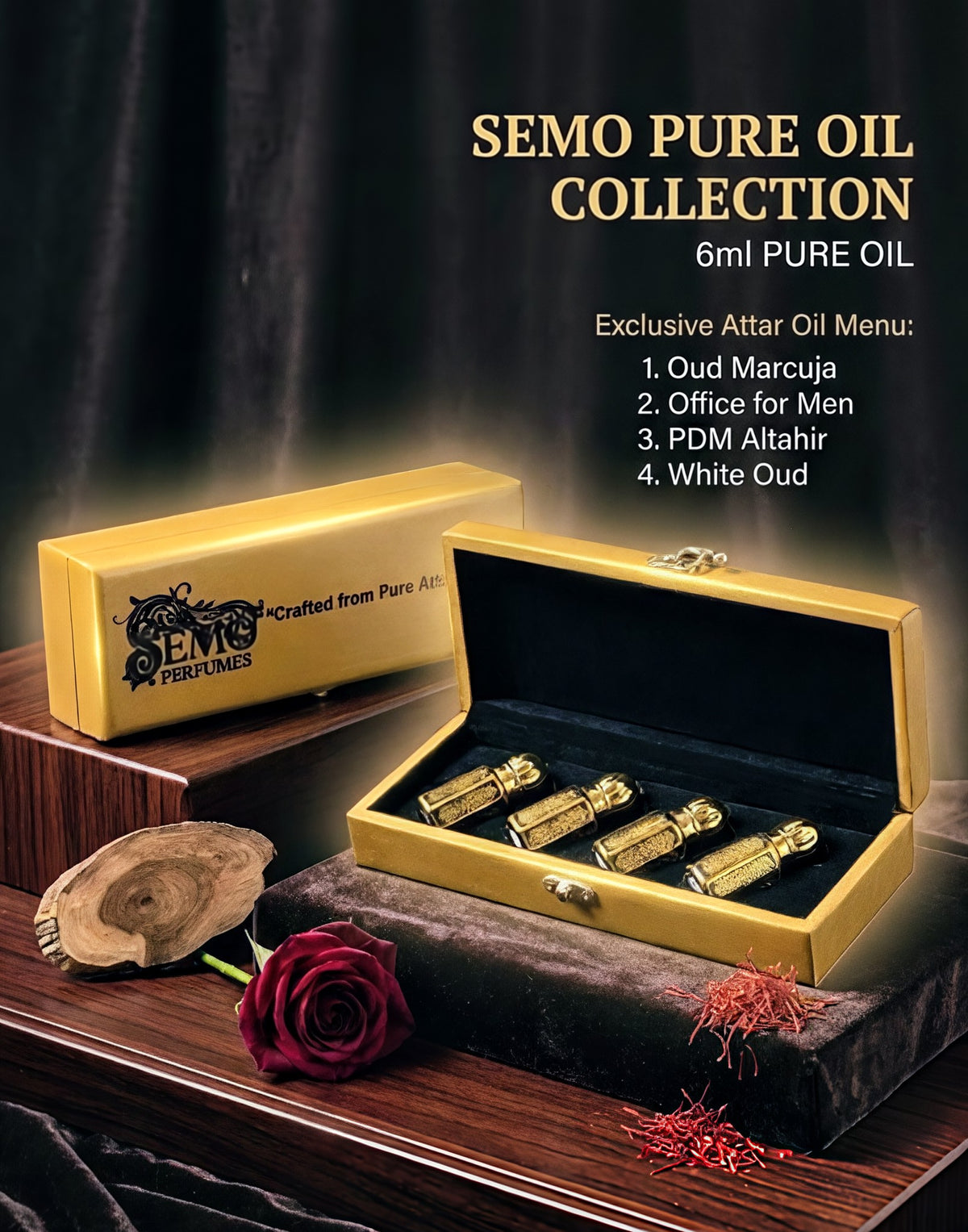 Semo Signature Luxury Collection
4 Pure Perfume Oils with (Premium Wooden Box)