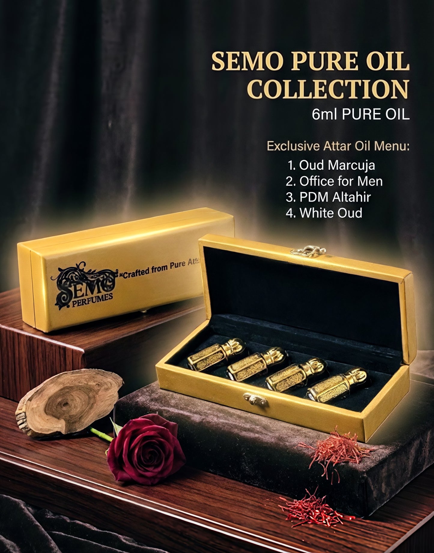 Semo Signature Luxury Collection
4 Pure Perfume Oils with (Premium Wooden Box & bag)